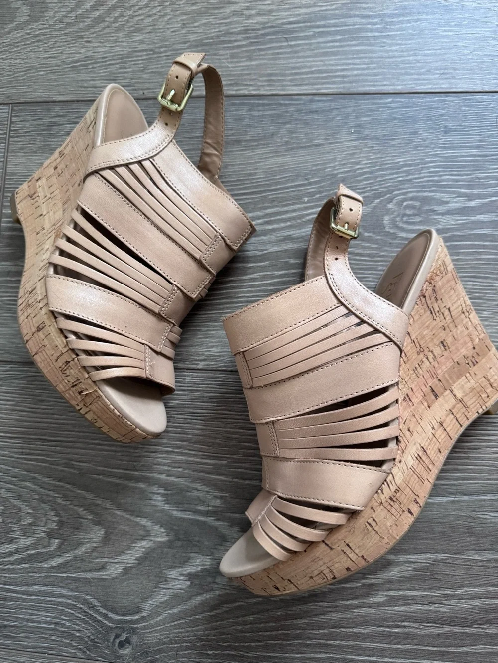 Franco Sarto Sharp tan leather cork wedge slingback sandals